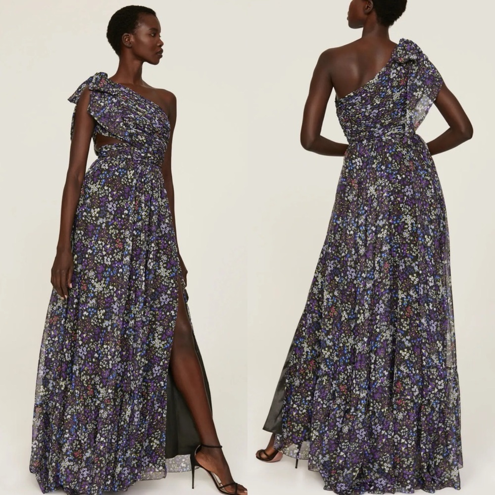 Mac Duggal One-Shoulder Floral Maxi Dress in Purple and Black